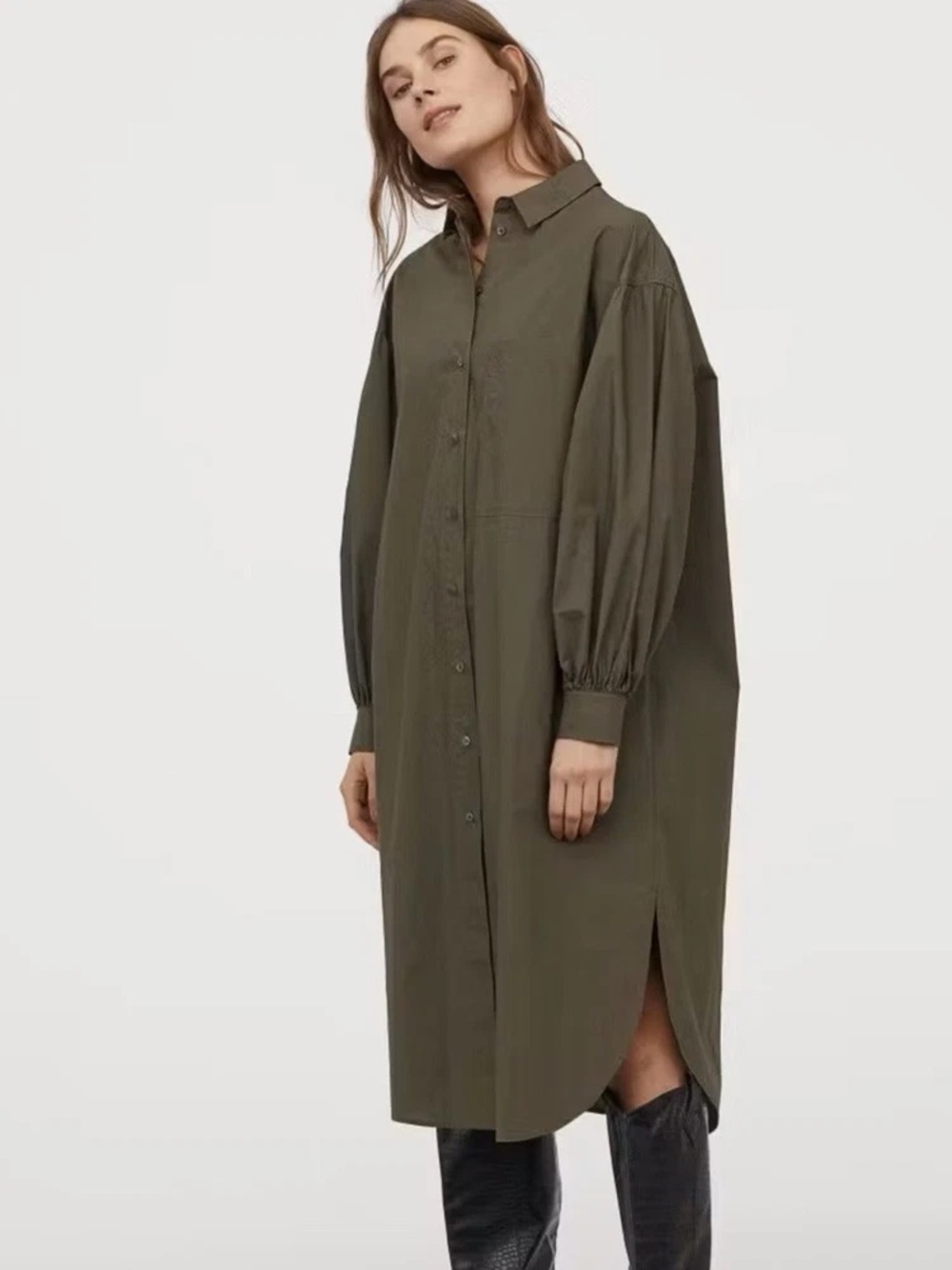 H&M Olive Green Oversized Button Down Shirt Dress - Volume Puff Sleeve